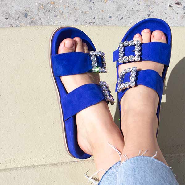 Billi Bi A4120 cobalt blue suede slide with statement buckles 