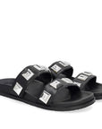 Close-up of the chunky silver studs on black leather A7113 Billi Bi slides