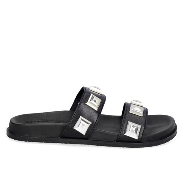 Side view of black leather A7113 Billi Bi slides with chunky silver studs and moulded footbed