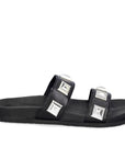 Side view of black leather A7113 Billi Bi slides with chunky silver studs and moulded footbed