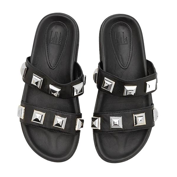 Top-down view of Billi Bi A7113 black leather slides with silver stud detailing