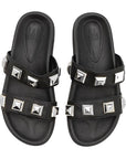 Top-down view of Billi Bi A7113 black leather slides with silver stud detailing