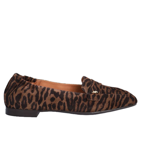 side view of Brown leopard print suede loafer on white background