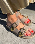 A8621 Taupe | Buckle Suede Slide