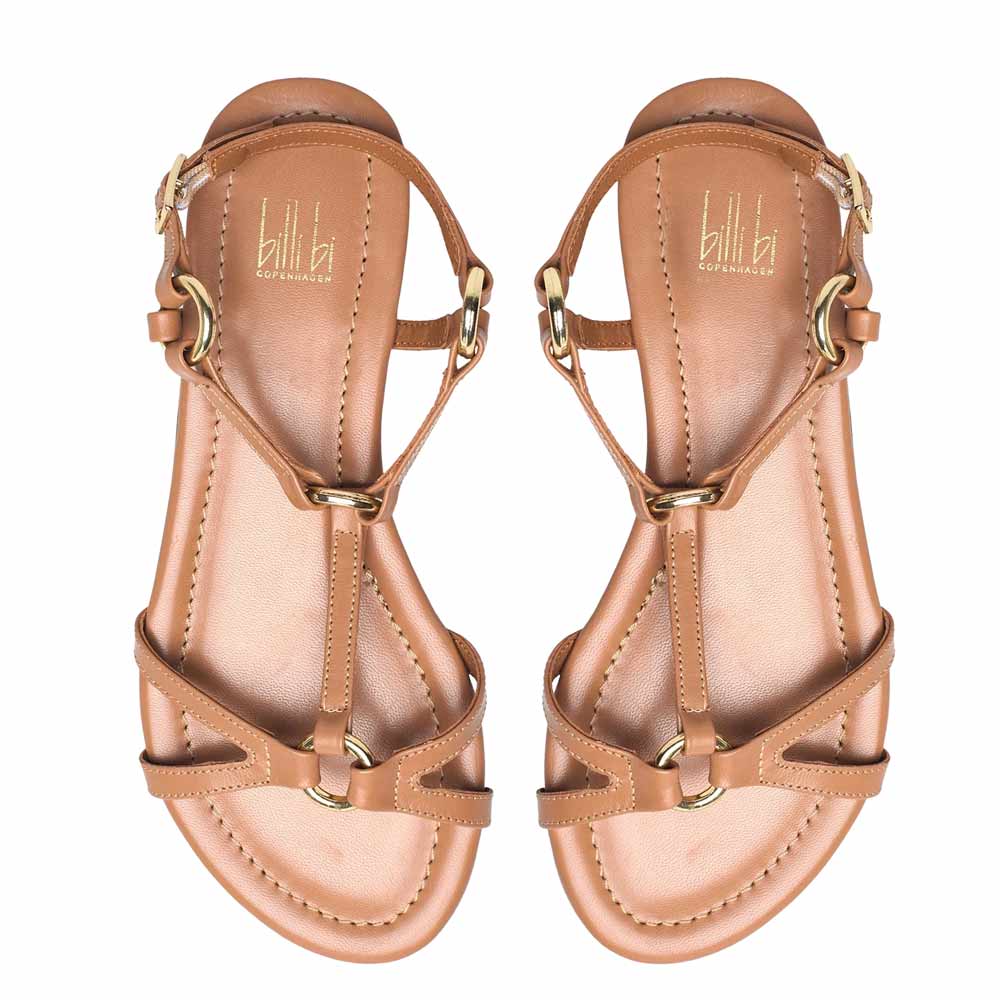 Pair of tan sandals with gold straps on a white background