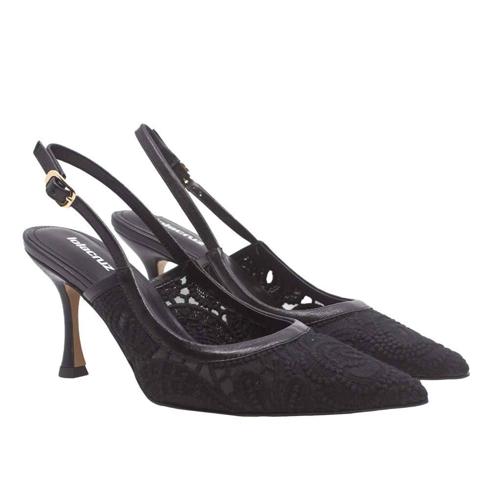 Black high-heeled shoes with slingback design on a white background
