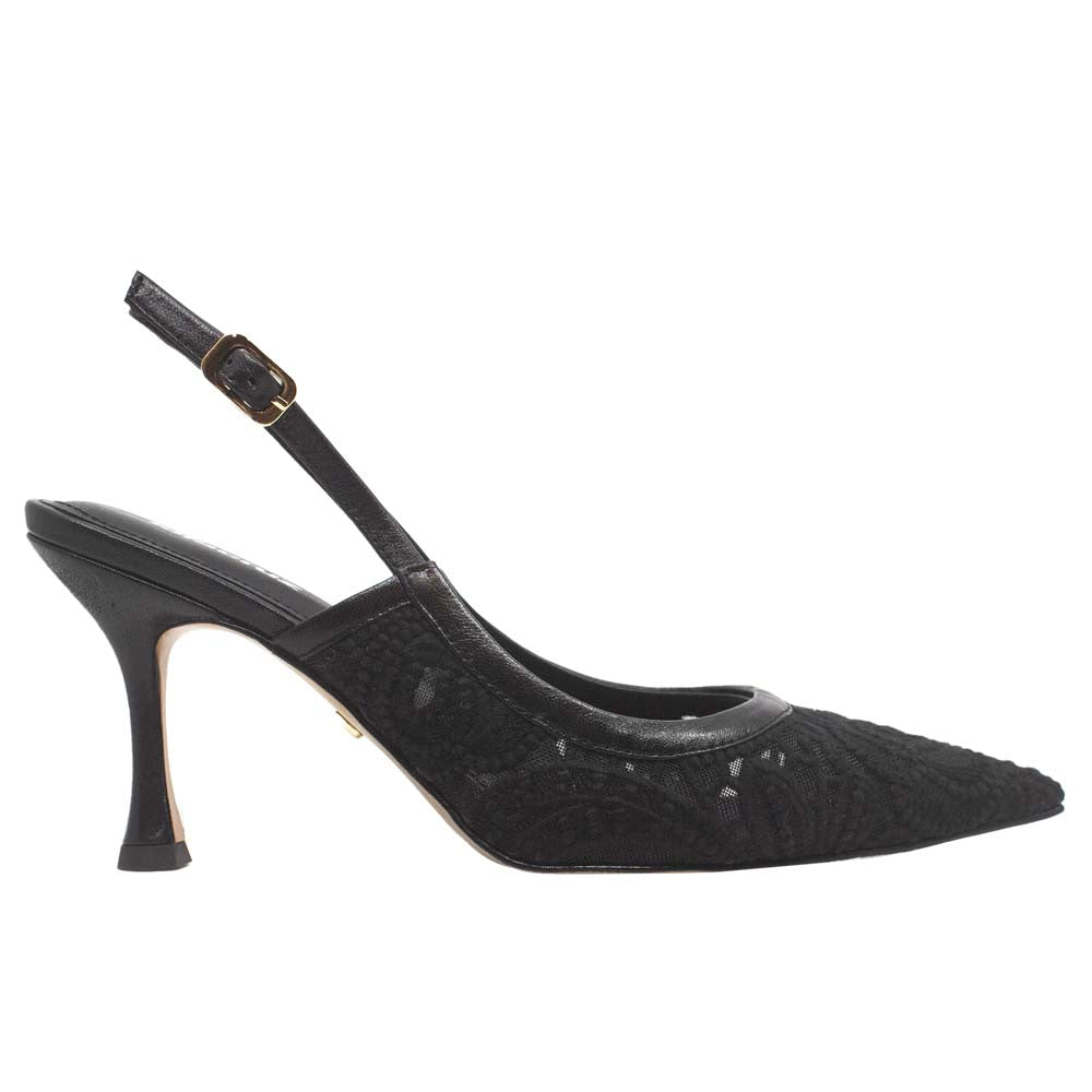 Black high-heeled shoe with a slingback design on a white background