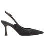 Black high-heeled shoe with a slingback design on a white background