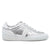 side view of sporty silver and white leather sneaker on a white background