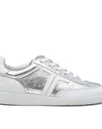 side view of sporty silver and white leather sneaker on a white background