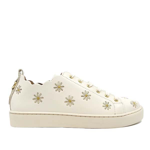 Maison Toufet julie sneakers in cream leather withh scalloped edge and embroidered daisies