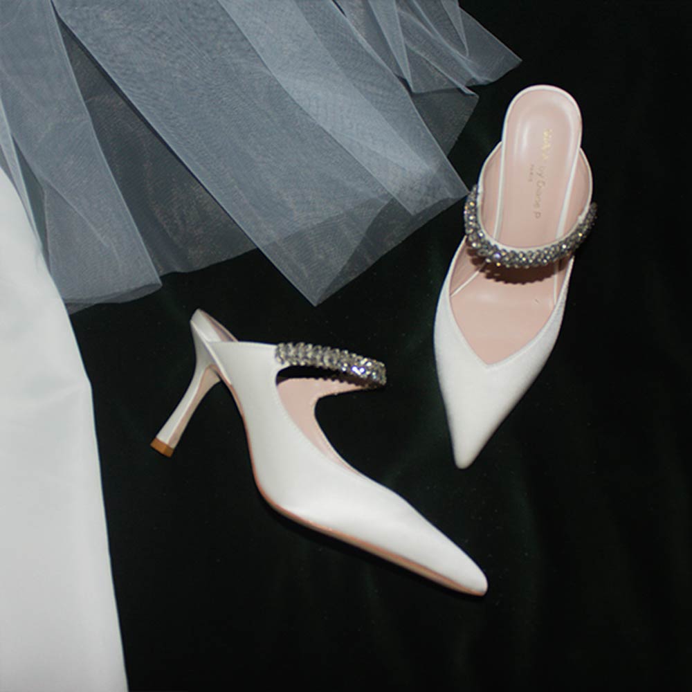 Harper White Satin | Embellished Mule