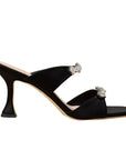 Side view of Mi/Mai Raina mule in black satin with silver crystal details and sculptural heel