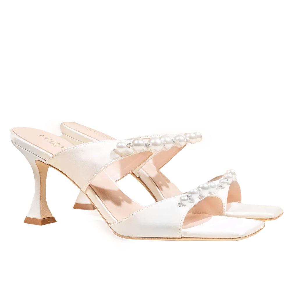 Raina White Satin | Pearl Mules