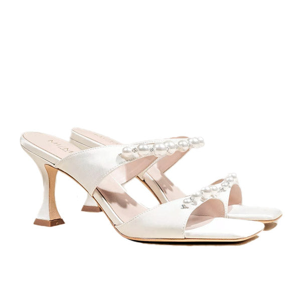 Raina White Satin | Pearl Mules