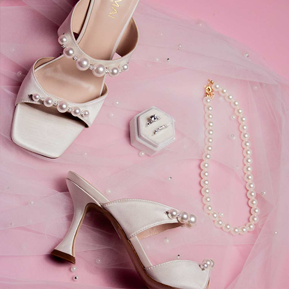 Raina White Satin | Pearl Mules