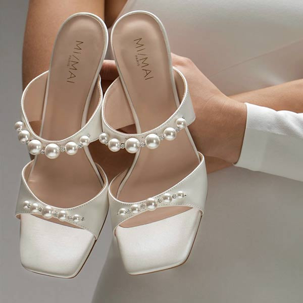 Raina White Satin | Pearl Mules