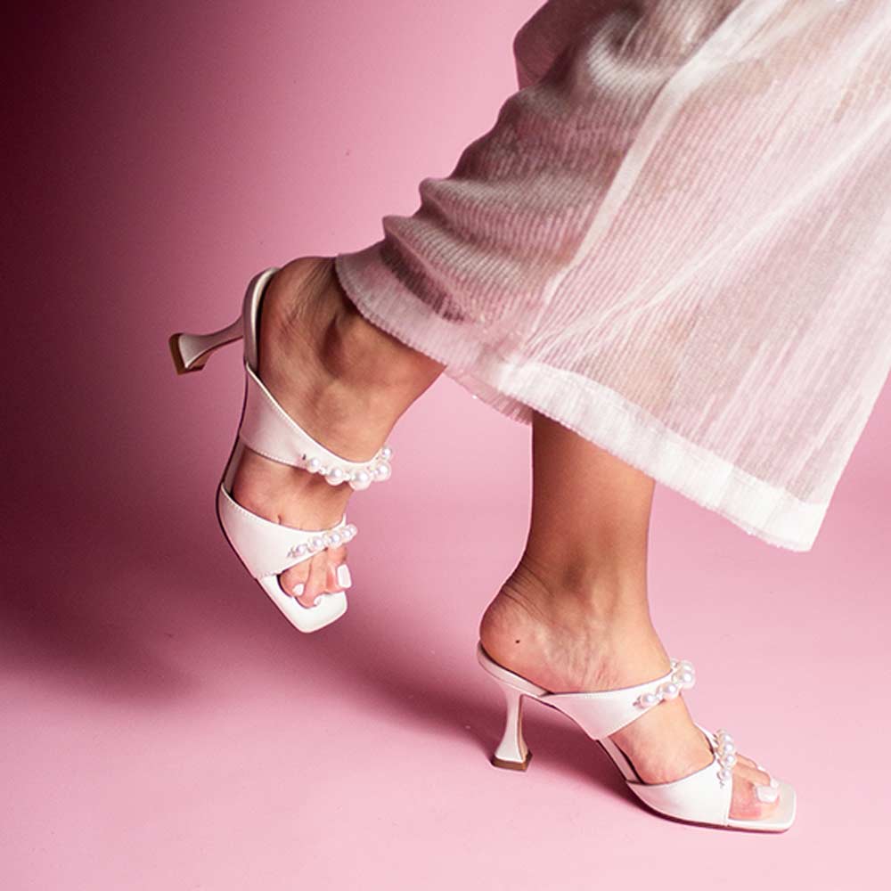 Raina White Satin | Pearl Mules