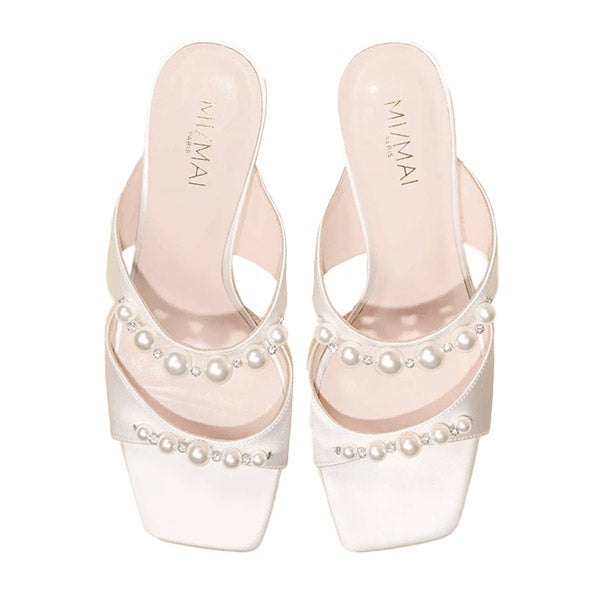 Raina White Satin | Pearl Mules