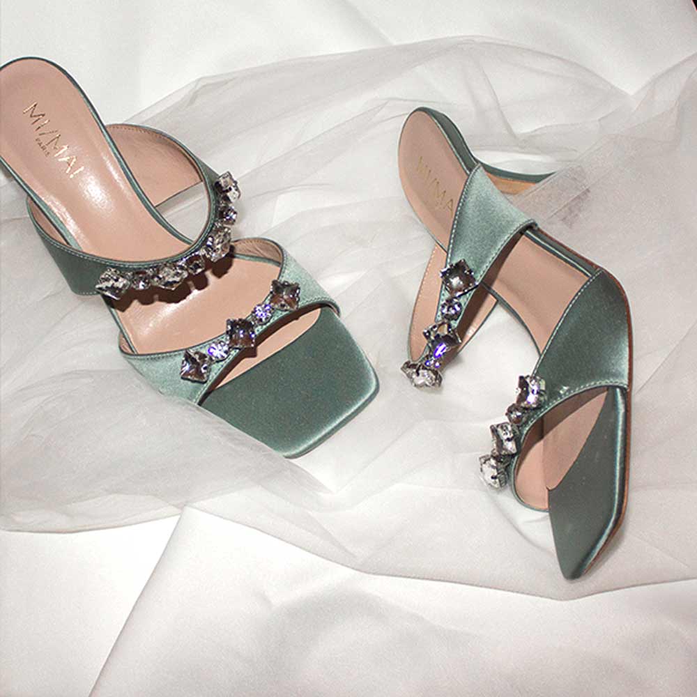 Raina Blue Satin | Crystal Mules