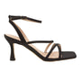 side view of Mi/Mai Venice strappy sandal in black satin