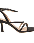 side view of Mi/Mai Venice strappy sandal in black satin