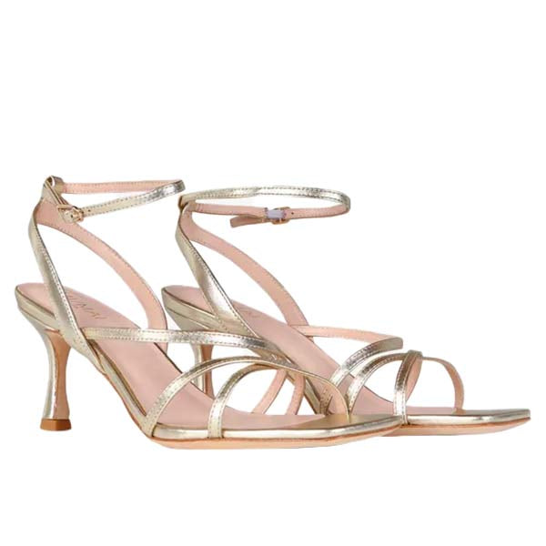 angle view of Mi/Mai Venice strappy sandal  with ankle strap in soft metallic gold leather 