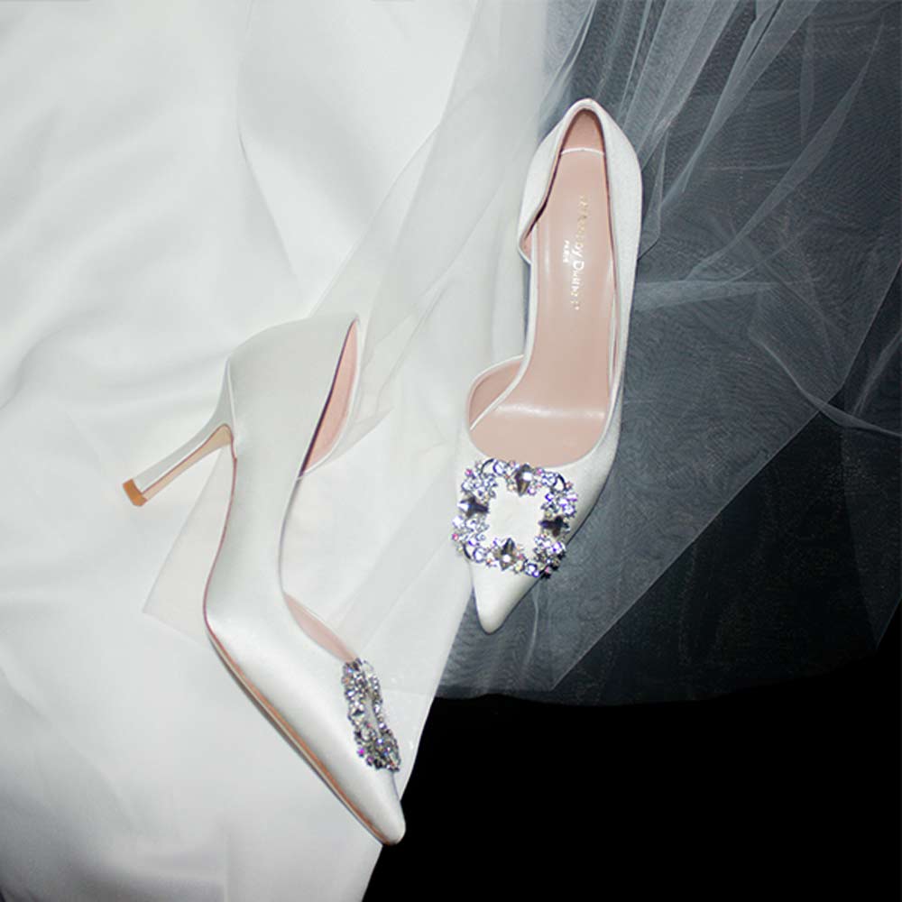 Astoria White Satin | Embellished Pump