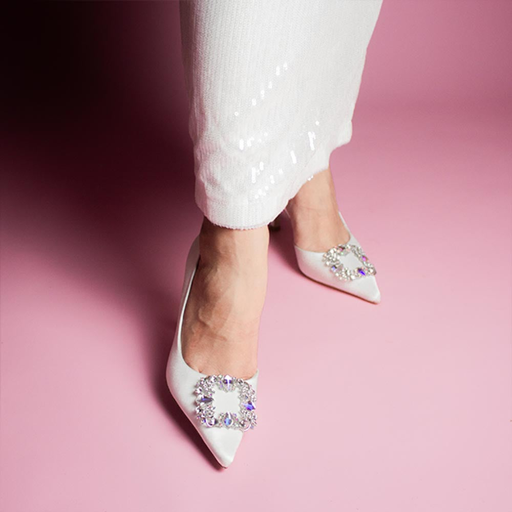 Astoria White Satin | Embellished Pump