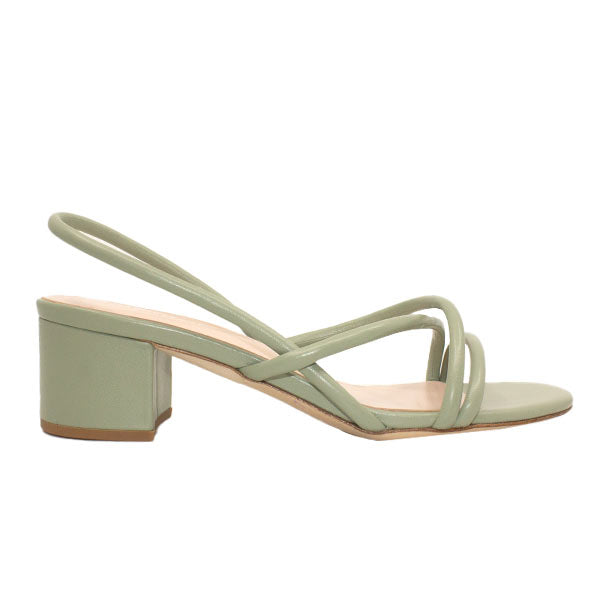 side view of Mi/Mai Nelly strappy slingback sandal with mid block heel in sage green