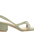 side view of Mi/Mai Nelly strappy slingback sandal with mid block heel in sage green