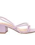 side view of Mi/Mai Nelly strappy slingback sandal in soft lilac with mid block heel