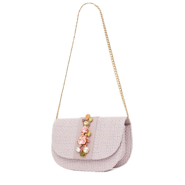 NALÌ CARLA clutch in lilac with 3D flower embellishments and gold shoulder chain on white background