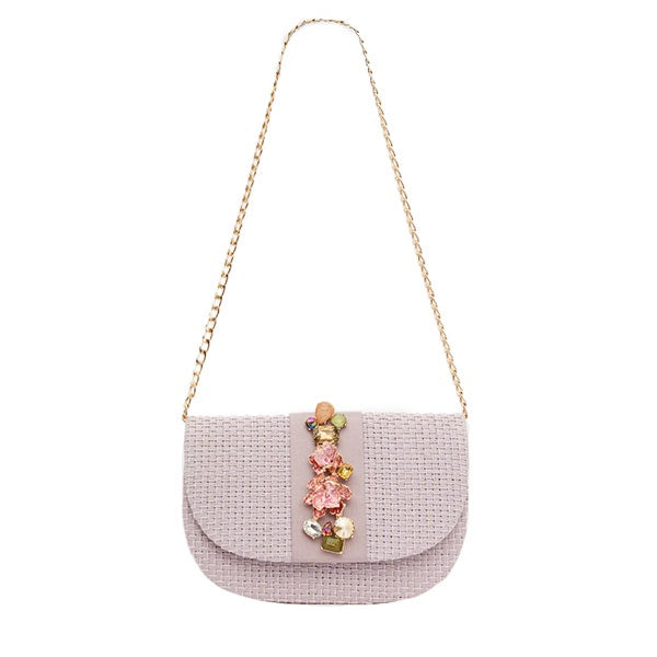 NALÌ CARLA clutch in lilac with sd flower embellishments and gold shoulder chain on white background