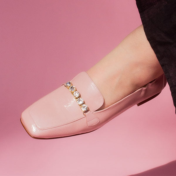 close up of Pedro Miralles Mirefleurs pink patent loafer with silver crystal details