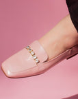 close up of Pedro Miralles Mirefleurs pink patent loafer with silver crystal details