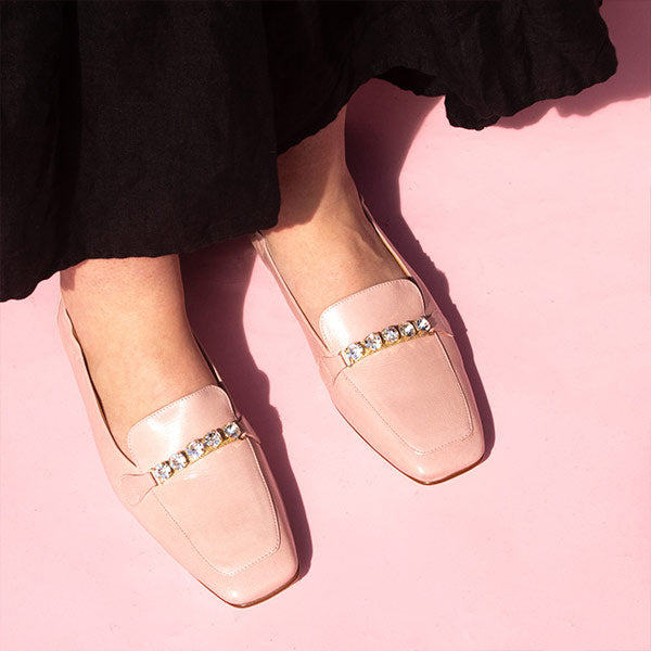 Pedro Miralles Mirefleurs pink patent loafer  with silver crystal details styled for a spring look