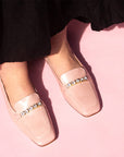 Pedro Miralles Mirefleurs pink patent loafer  with silver crystal details styled for a spring look