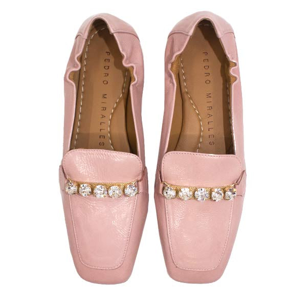 top  view of Pedro Miralles Mirefleurs pink patent loafer with silver crystal detailing