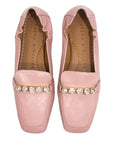 top  view of Pedro Miralles Mirefleurs pink patent loafer with silver crystal detailing