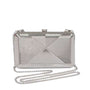 Silver metal hard shell clutch in art deco pattern with silver chain strap 