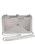 Silver metal hard shell clutch in art deco pattern with silver chain strap 