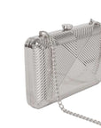 Silver metal hard shell clutch in art deco pattern with silver chain strap 