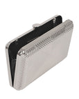 Silver metal hard shell clutch in art deco pattern with silver chain strap 