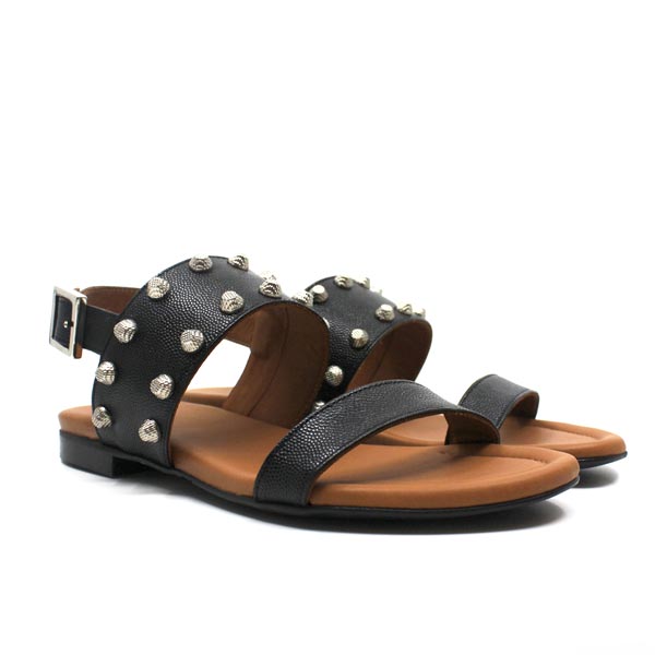 angle view Black textured leather Billi Bi flat sandal with silver stud detail