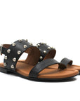 angle view Black textured leather Billi Bi flat sandal with silver stud detail