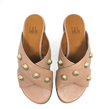 top view pair of light pink textured leather Billi Bi flat crossover slide with gold stud detail