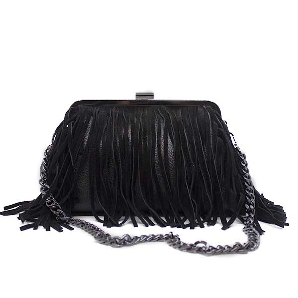 By Kristy 6997 black leather and suede fringe clutch bag