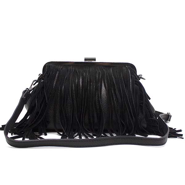 By Kristy 6997 black leather and suede fringe clutch bag