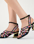 Kat Maconie Chima Multi-coloured mid heel on leg 2